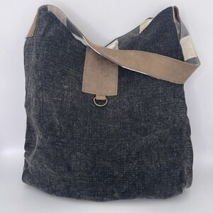 Boho Shoulder Bag Tote Womens Gray Cotton Brown Leather Strap Stripe Liner Hobo